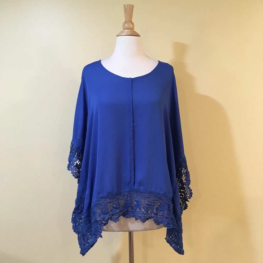 Violet Blue Crochet Lace Trim Batwing Blouse - Picture 5 of 7